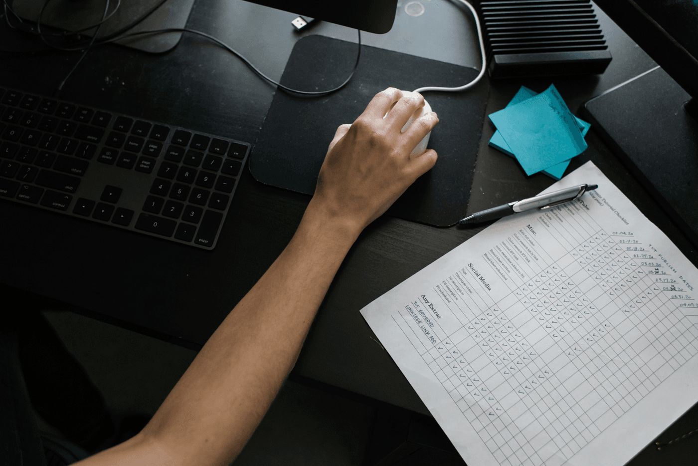 Reviewing documents at a desk